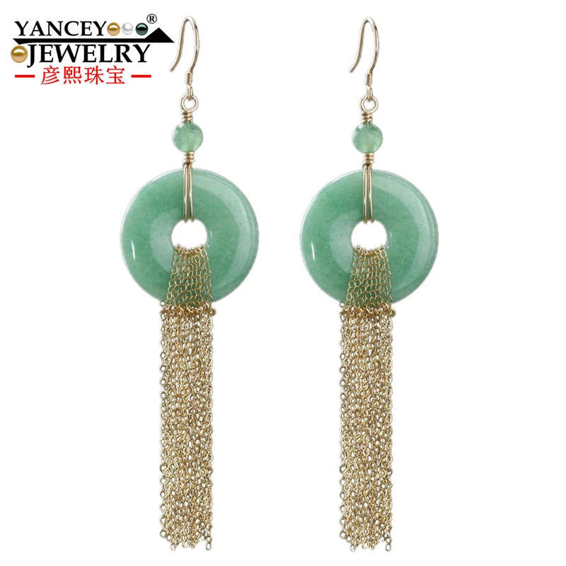 Женские серьги капли Origina подвески из натурального светло зеленого нефрита с