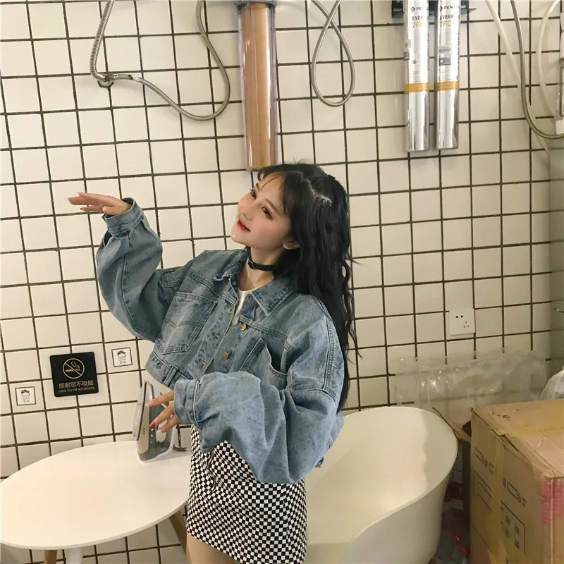 2019 Весенняя короткая Корейская джинсовая куртка Женская Harajuku винтажная