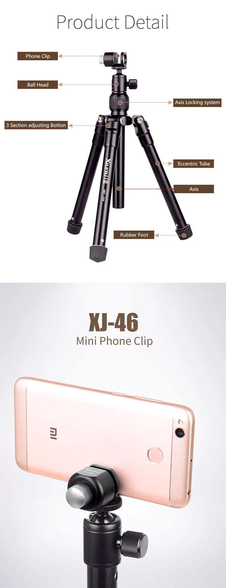 XILETU XBT-235 3в1 Удлиняющая селфи-палка и мини-штатив с держателем для телефона для смартфона, DSLR и беззеркальной камеры