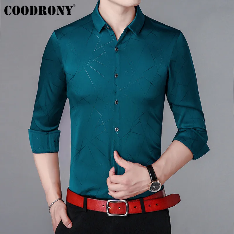 Зеленый COODRONY брендовая мужская рубашка, осенняя деловая одежда, повседневные рубашки с длинным рукавом, Хлопковая мужская рубашка, модная полосатая рубашка Masculina 96011 - Цвет: Зеленый