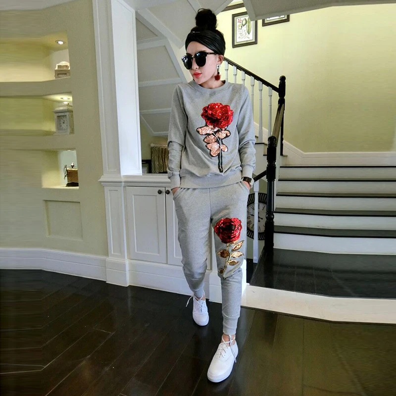 Осень зима Для женщин комплекты 2 шт. с длинным рукавом блестками цветочным