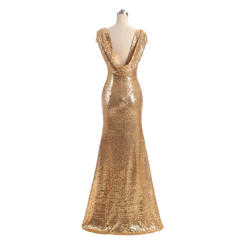 Женское платье подружки невесты длинное цвета шампанского с блестками и