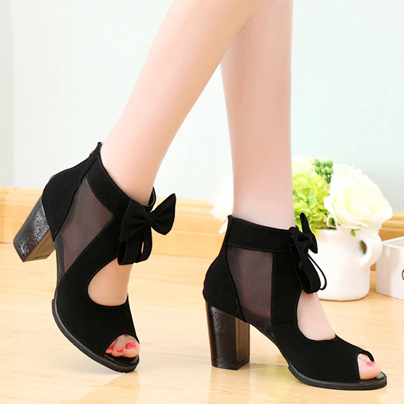 

Women Shoes Bowknot High Heel Zipper Sandals 2019 Spring Summer New High Heel Shoes Fashion Mesh Fashion Women Sandals