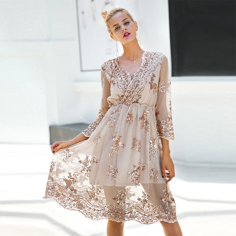 Champagne Dress Платье с длинным рукавом и блестками, женское элегантное вечернее платье, сексуальное Сетчатое платье средней длины с v-образным вырезом и вышивкой, эластичная талия, женское платье - Цвет: Champagne Dress