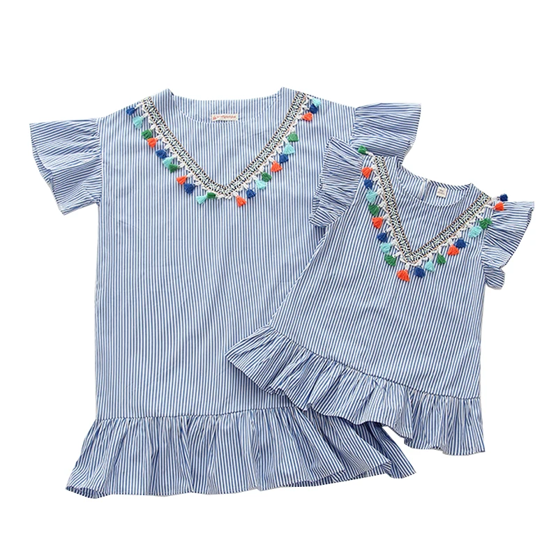 2019 Fashion Mother Daughter Dress Blue Stripped Happy Family Matching Dresses Mom Girl Loose Clothing | Мать и ребенок