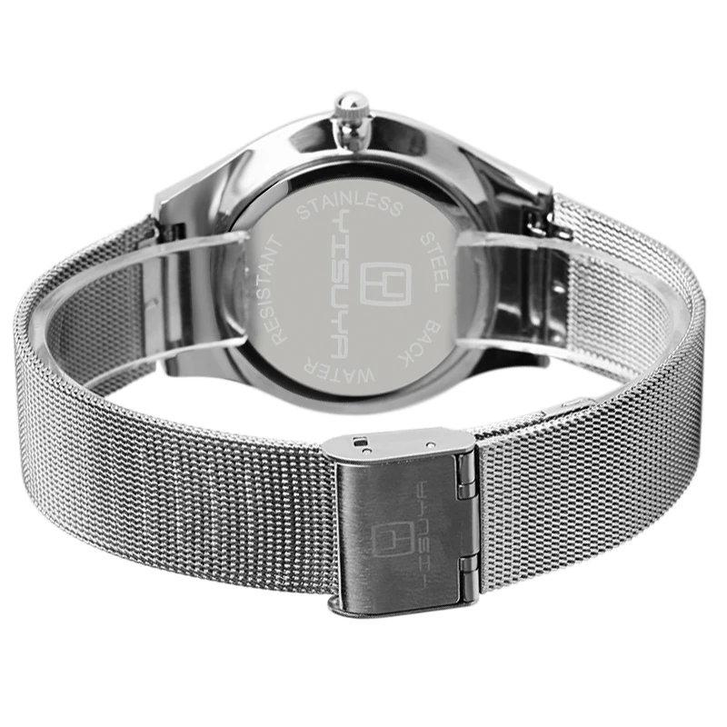

2018 Relojes YISUYA Luxury Stainless Steel Mesh Iron Silver Wristwatch Men's Women's Date Quartz Watches Ultra Thin Montre Homme