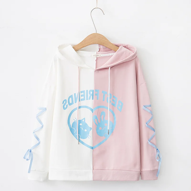 Женская толстовка с капюшоном Kawaii Rabbit розовый белый черный пуловер милым