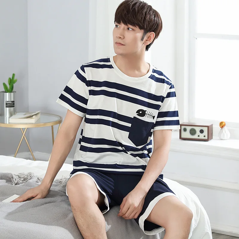 Хлопковые пижамы для Пижама пары с короткими рукавами модные полосатые