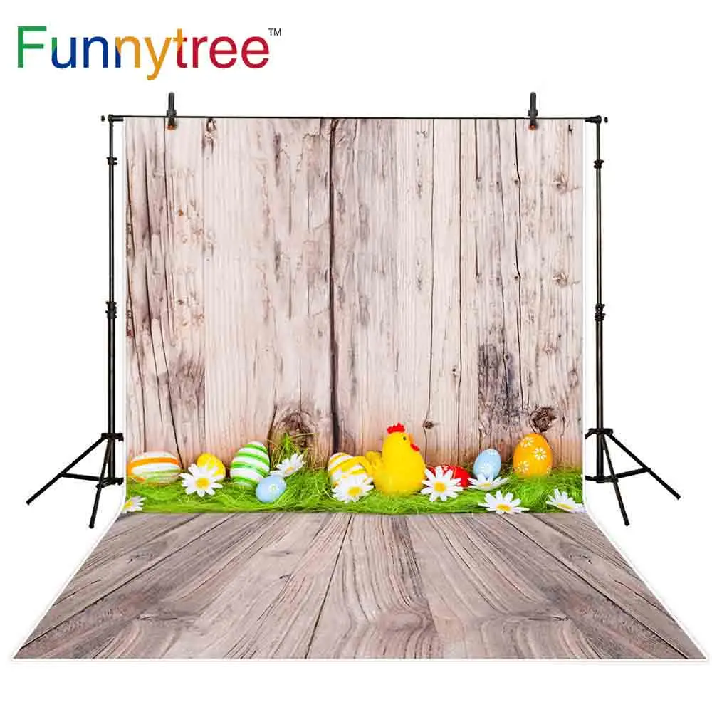 Фон Funnytree для детской фотосъемки с изображением деревянных яиц и цветов