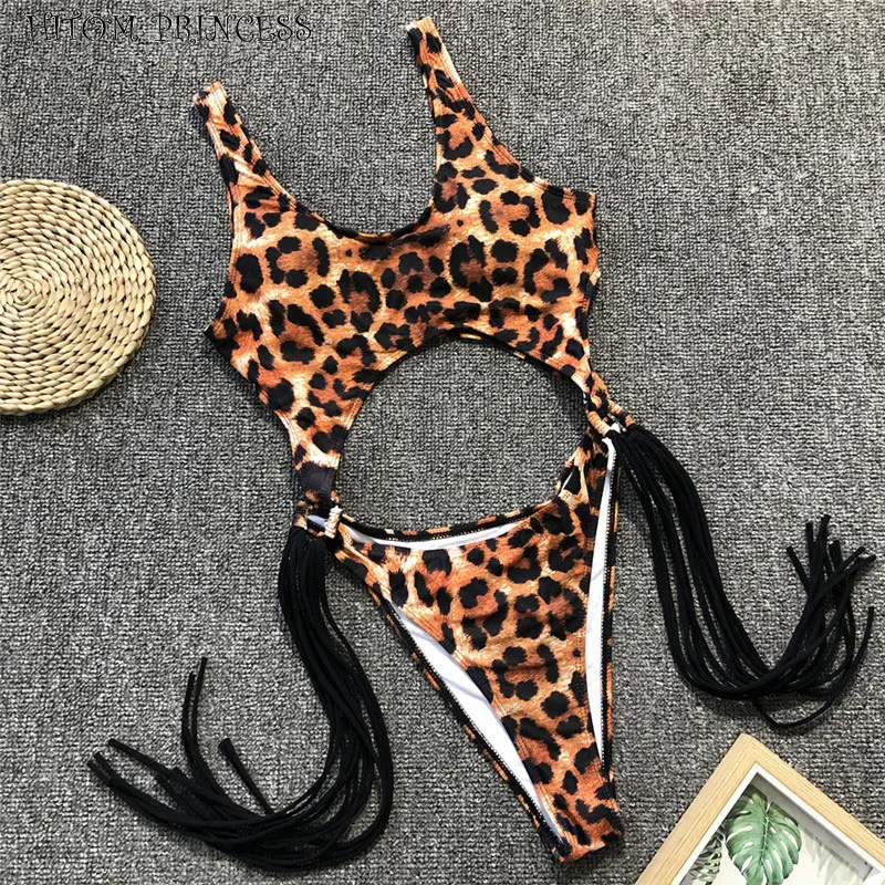 

HITOM PRINCESS Sexy Leopard Swimwear Cut Out One Piece Swimsuit Women Monokini Bikini Tassel Bather Hollow Out Bathing Suit