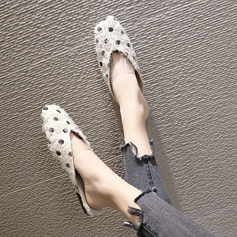 Женские мюли с бахромой летние шлепанцы в горошек квадратным закрытым носком