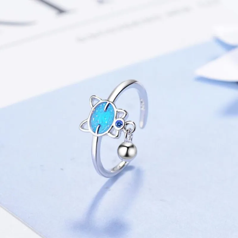 

Creative Beautiful Fashion Simple Cute Animal Silver Plated Jewelry Blue Cat Ball Crystal Exquisite Opening Rings XZR066