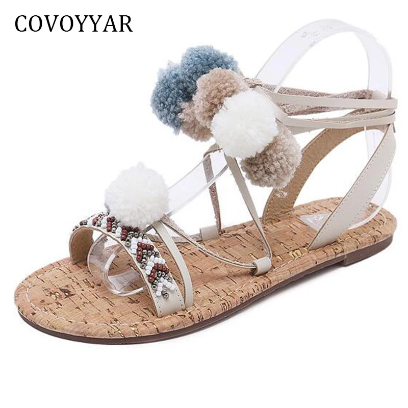 COVOYYAR 2021 Boho в стиле Гладиатор с меховыми помпонами Летние женские босоножки