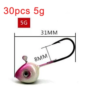 30pcs 5g 30 шт. рукоятки джиг-головки крюк 0,5 г 1 г 2 г 3 г 4 г 5 г джиг Рыбалка крюк привести голову крюк для Мягкая приманка пресной воды морской рыбалки - Цвет: 30pcs 5g