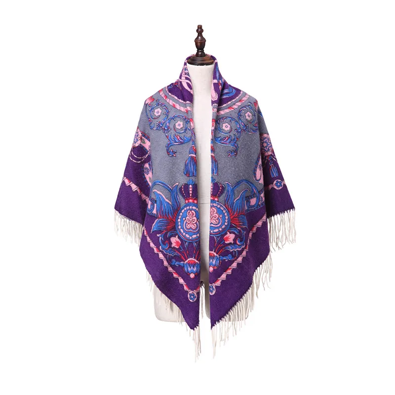 ZY87049 Duplex Printing Design Wool Tassel Pashmina Luxury Cape Winter Hot Sell Trim Shawls Popular Poncho shawl |