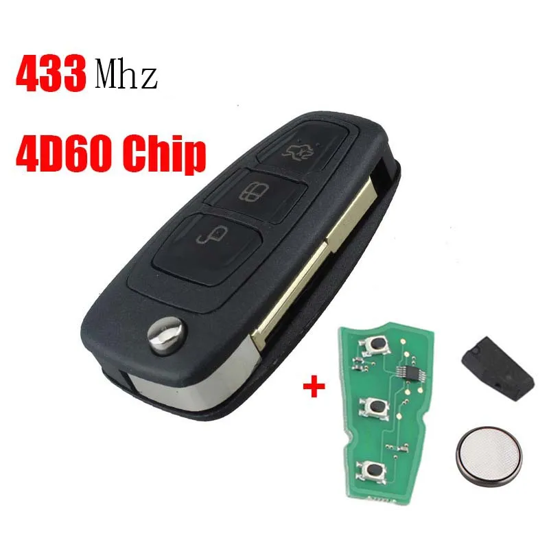 4D60 Chip BHKEY 433 МГц 3 кнопки дистанционного ключа автомобиля для Ford 4D60/4D63 чип для Ford Focus Mondeo1999-2007 FO21 лезвие ключи автомобиля - Количество кнопок: 4D60 Chip
