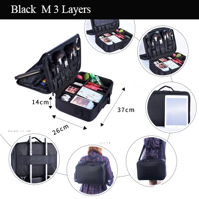 Black M 3 layers Косметичка с зеркалом для макияжа, женские профессиональные косметички, посылка, сумка с узором для ногтей, Полупостоянный ящик для инструментов, большой косметический Чехол - Цвет: Black M 3 layers