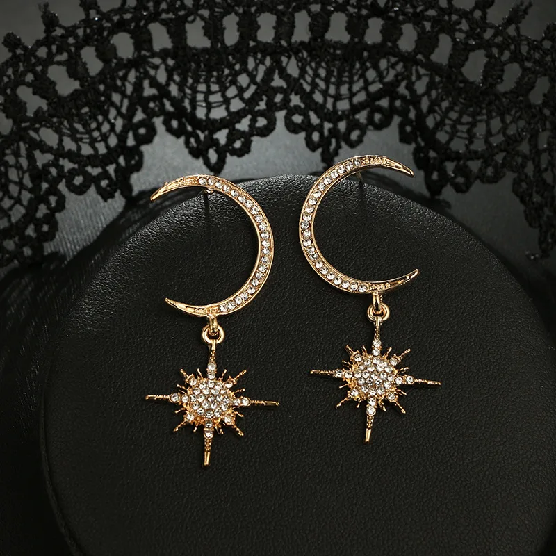Большие роскошные висячие серьги со стразами в стиле панк звездами Солнца и Луны