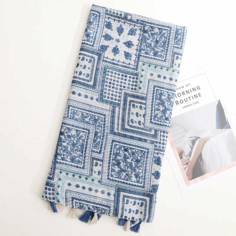 

New Bohemian Geometric Box Tiling Tassel Scarf Spring and Summer Thin Travel Sunscreen Shawl Decorative Scarf