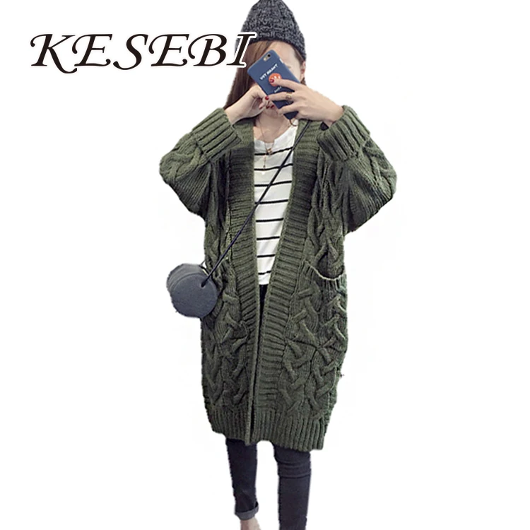 Clearance-Sale Winter Female army green Long Sleeve Cardigans Women Thick Warm Twist V-neck Open Stitch Sweaters |