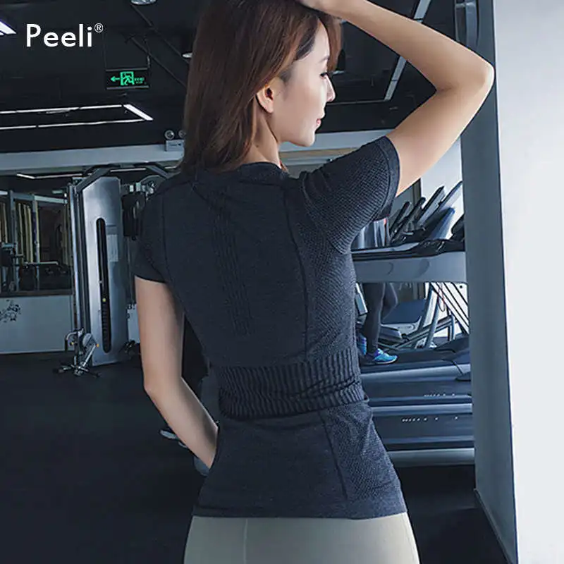 Peeli, бесшовные топы для йоги, короткий рукав, спортивный топ, одежда для фитнеса, спортивный топ, женская футболка для тренировок, йоги, рубашка для активного отдыха, Femme - Цвет: black