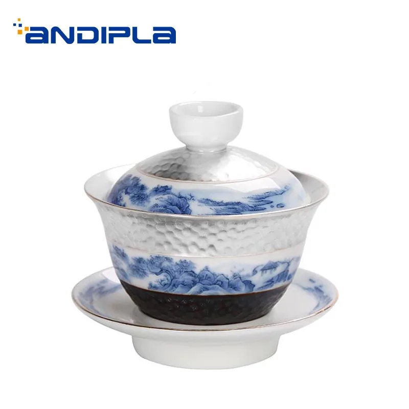 160 мл серебро Gaiwan Цзиндэчжэнь фарфор расписанный вручную чай миска с крышкой