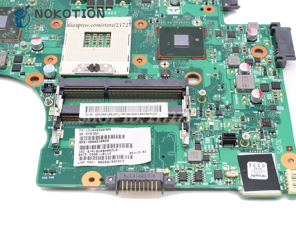 NOKOTION для ноутбука Toshiba Satellite L650 L655 материнская плата V000218020 1310A2332305 6050A2332301-MB-A02 HD5650M 1 ГБ Бесплатный процессор