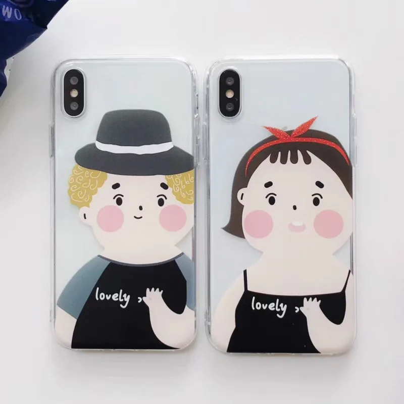 ILAIC Soft Cute Cartoon Boy Girl Lovers Phone Case for iPhone 7 Plus 6 6S 8 X Back Cover Couples Fundas |