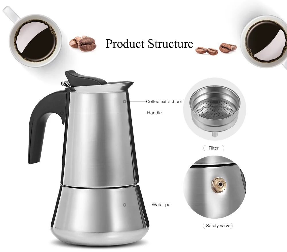 Нержавеющая сталь Moka Кофеварка латте Эспрессо кофеварка для мокко горшок плита фильтр кофе 100 мл 200 мл 300 мл 400 мл кофемашина