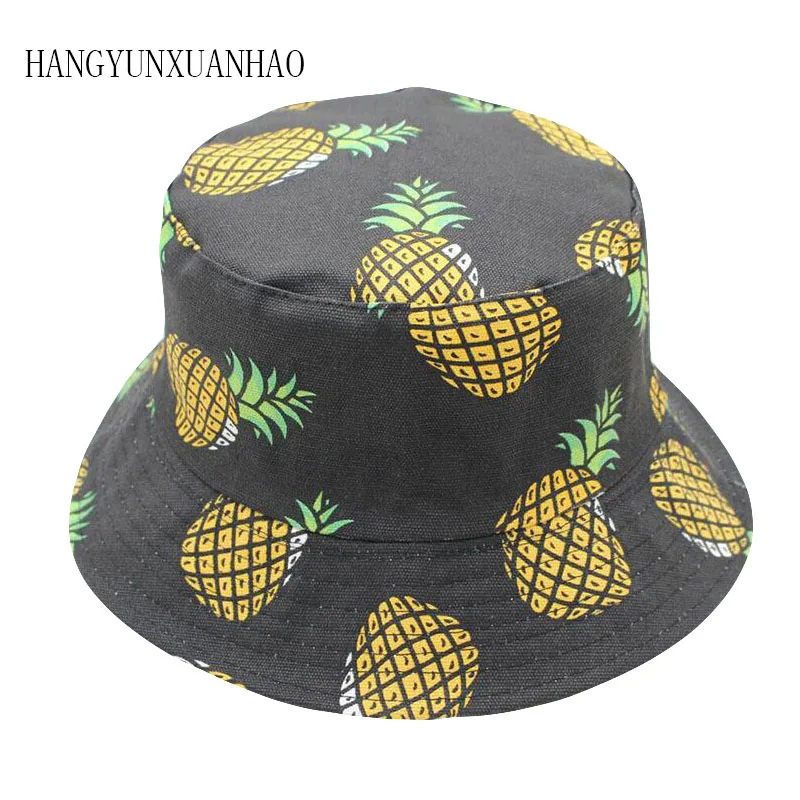 

HANGYUNXUANHAO Summer White Pineapple Printed Bucket Hats Outdoor Pineapple Fishing Sun Caps Women Girls Cap
