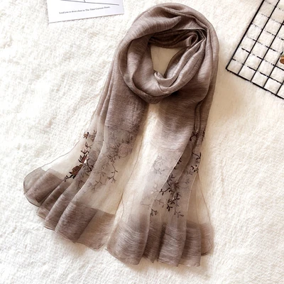 Высокое качество шелк из Ханчжоу цветок сливы вышивка серый/розовый/синий шерсть Шелковый женский шарф шаль Размер: 85*200 см(Химчистка - Цвет: coffee