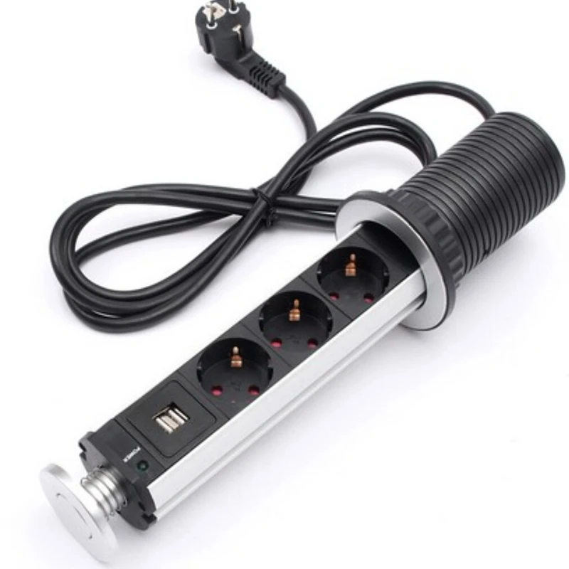 

2 USB Eu Plug 2/3/4/5 Power Keuken Tafel Stopcontact Desktop Sockets Power Aluminium Plank Network filter 2M Extension Cable
