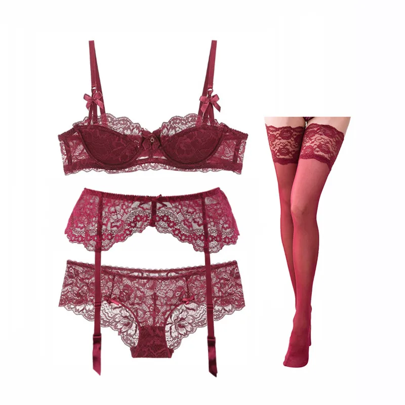 Wine Red Varsbaby, Сексуальное Тонкое хлопковое нижнее белье с эффектом пуш-ап, комплект кружевного нижнего белья, бюстгальтер+ трусики+ подвязки+ чулки, 4 шт., Женский комплект с бюстгальтером - Цвет: Wine Red