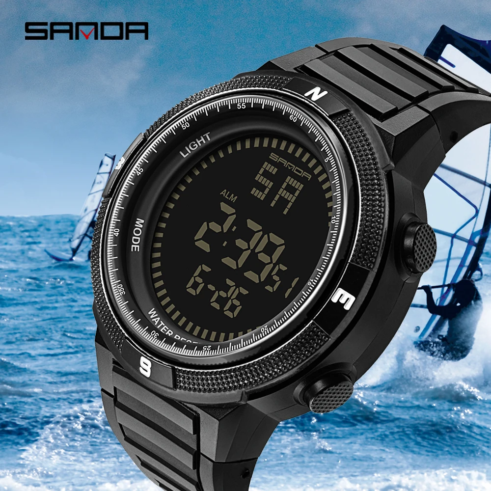 

Мужские наручные часы SANDA, спортивные часы в стиле милитари с цифровым светодиодным дисплеем длиной 30 м, модные повседневные электронные на...