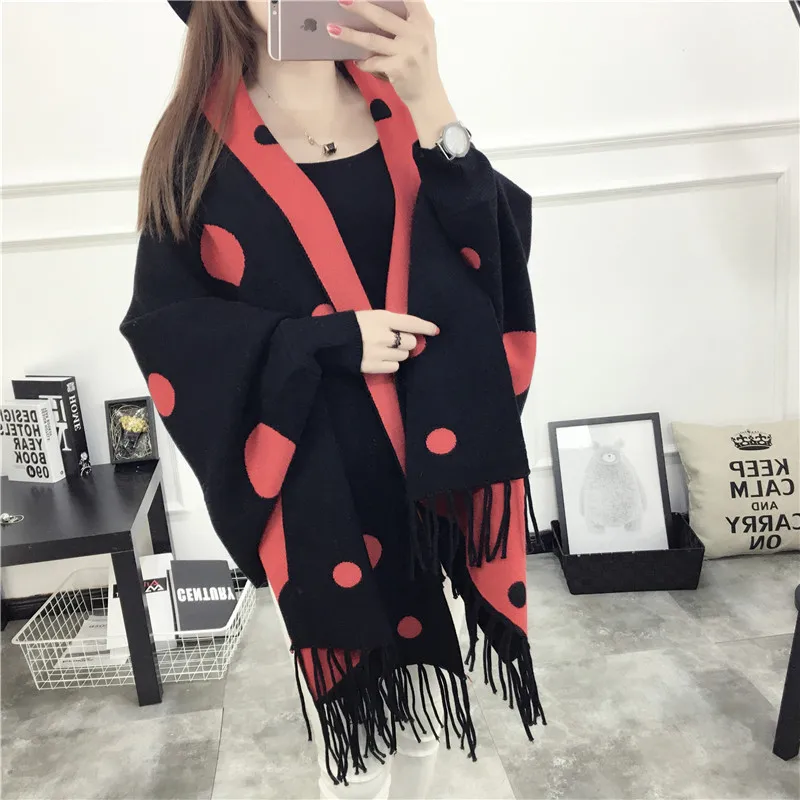 Женские шали в горошек на осень и зиму длинный вязаный кардиган свитер женское