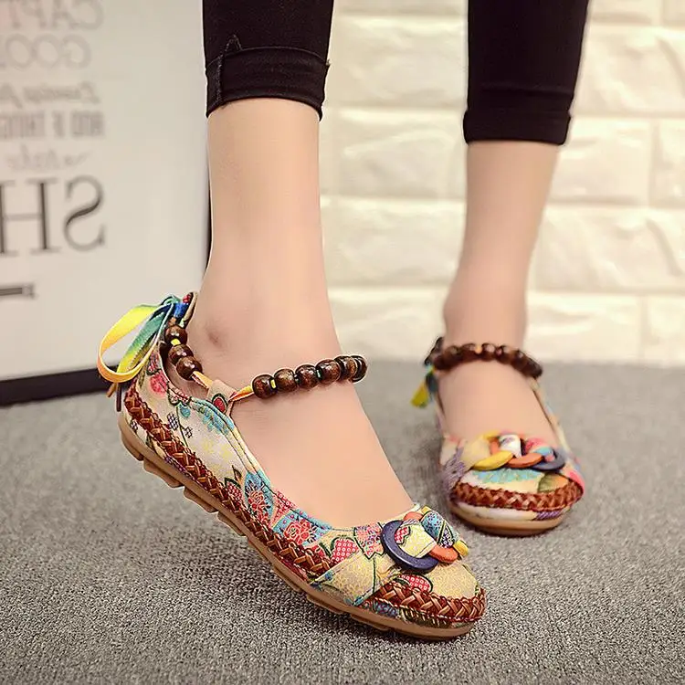 

Plus size42 Casual Flat Shoes Women Flats Handmade Beaded Ankle Straps Loafers Zapatos Mujer Retro Ethnic Embroidered Shoes