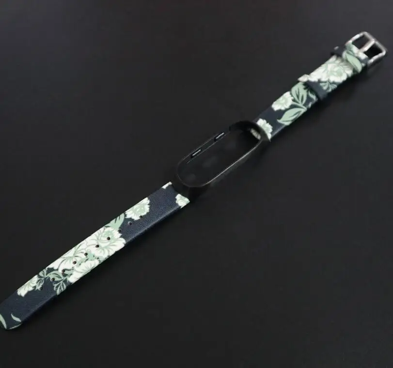 white leather- black Браслет с цветочным принтом для mi band 3, кожаный металлический ремешок для Xiao mi Band 3, чехол из нержавеющей стали, браслет - Цвет: white leather- black