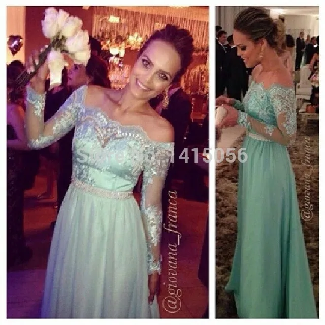 Elegant Off the Shoulder Boat Neck Sheer Long Sleeve Lace Beaded Isabella Narchi Green Evening Prom Dress 2014 Vestidos|dress it up beads|dress