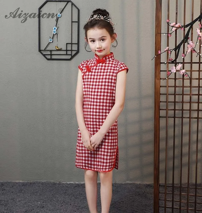 Лето г. Красный Клетчатый хлопковый Cheongsam современная детская Qi ПАО Восточный стиль дети винтажное платье Chinoise детское тонкое платье Qipao
