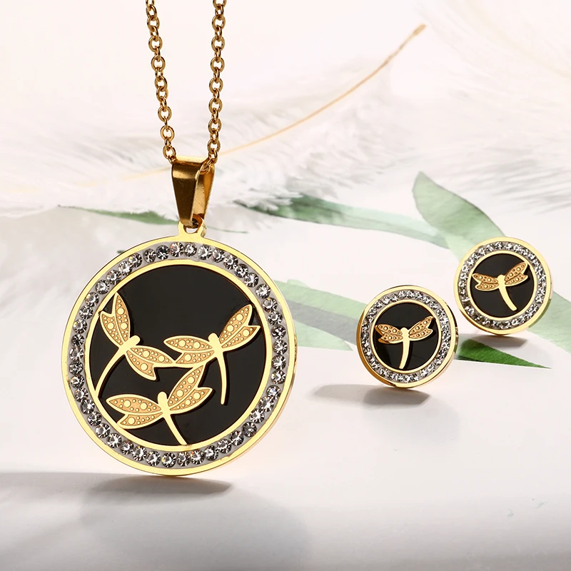 

Fashion Black Butterfly Necklace & Earrings Set for Women Black Round Shape Design Gold Jewelry Set Female Gift