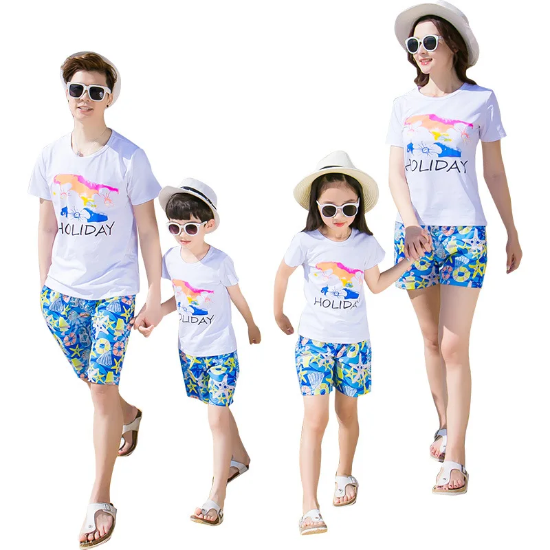 Летняя одежда для всей семьи отдыха семейный образ хлопковая футболка мамы дочки