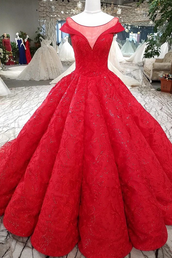 

AOLANES 2018 Red Lace Sleeveless Cathedral Train Wedding Gowns Floor-length Ball Gown Vintage Wedding Dress Vestidos De Noiva