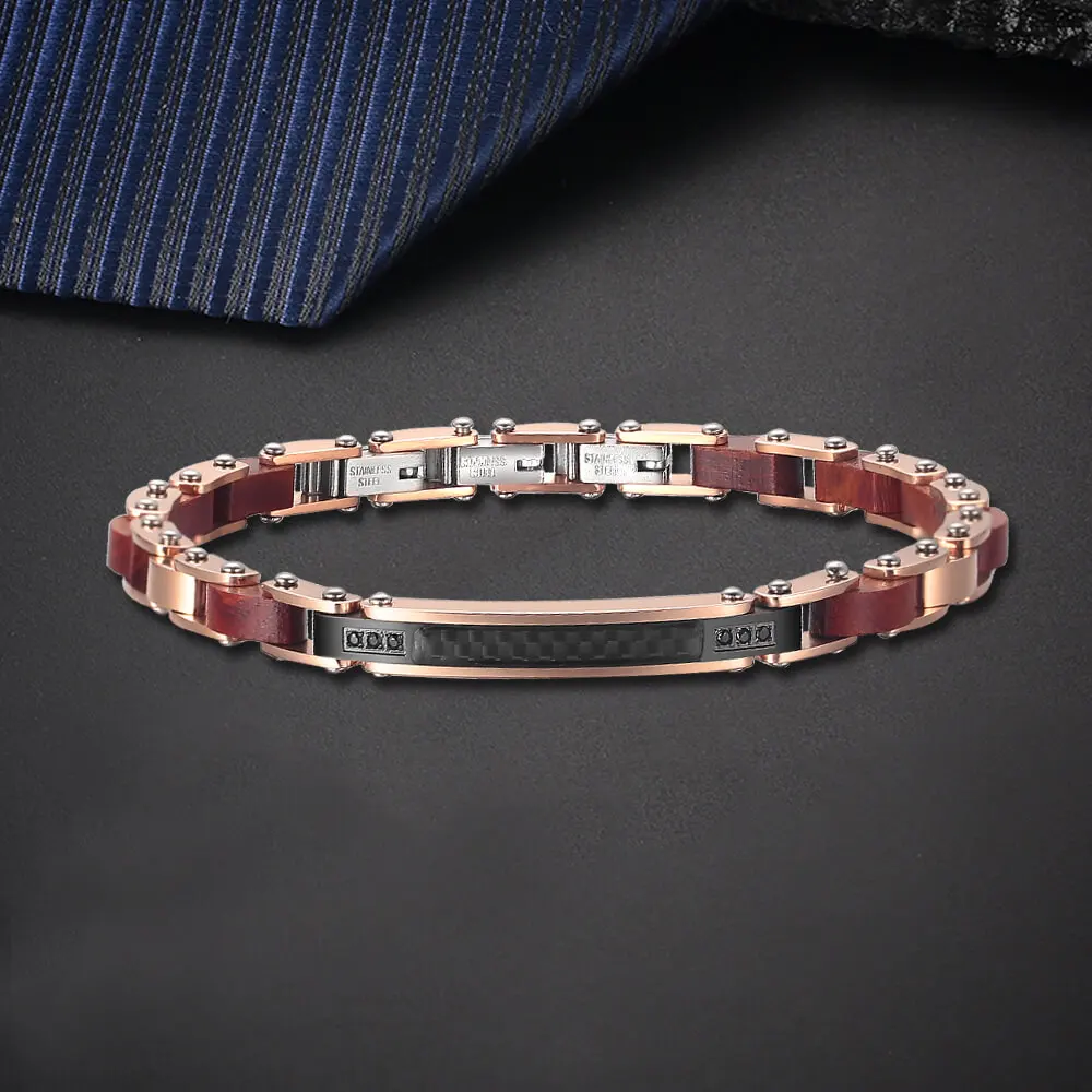 

Moocare Electroplated Rose Gold Color Stainless Steel Red Wood Black Carbon Fiber Men's Fashion Thin Bend Bracelet