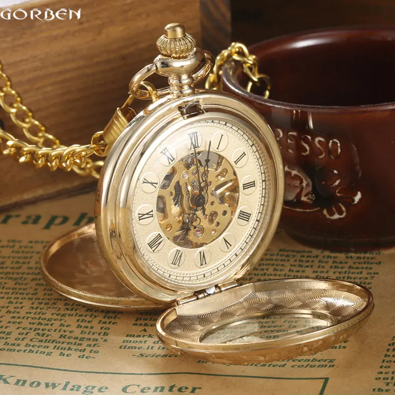 

Roman Numerals Skeleton Steampunk Golden Pocket Watch With Chain 2 Sides Open Case Luxury Brand GORBEN Mechanical Pocket Watch