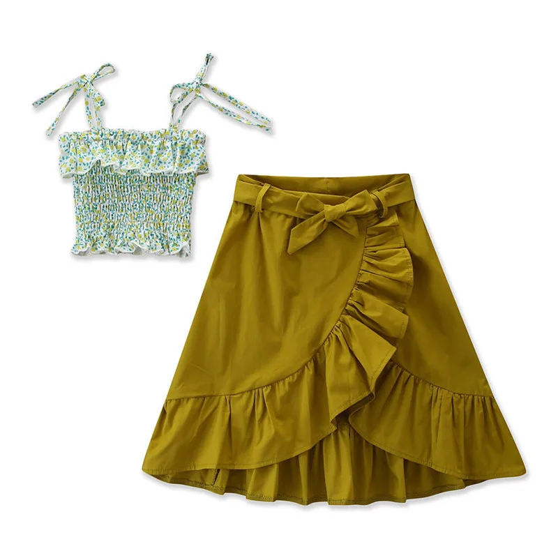 

Toddler Clothes New 2019 Summer Girls Clothing Set Fashion Sling Floral Shirt+Irregular Skirt England Style 2-7Years Kids Sets