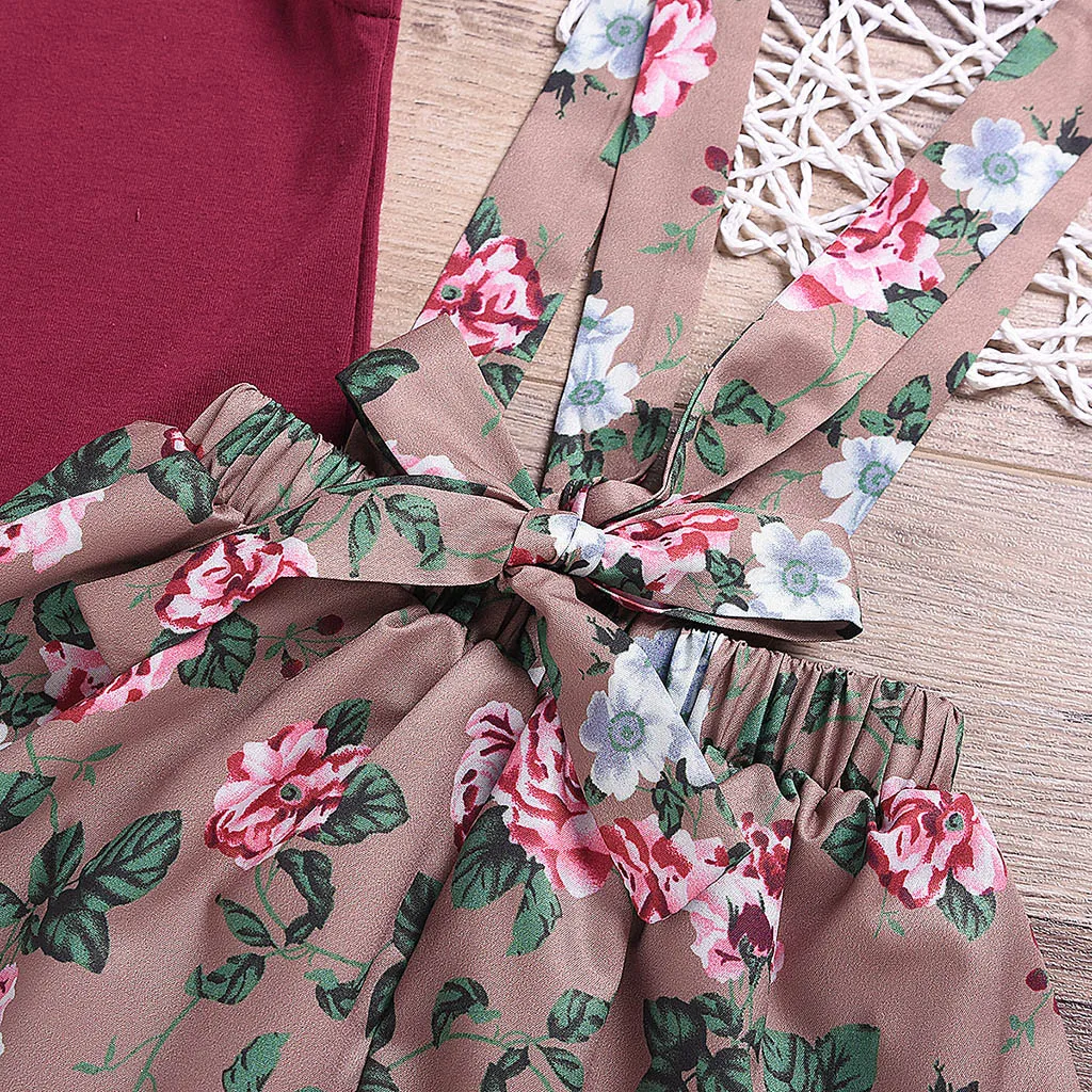 Комплекты одежды для маленьких девочек однотонные Топы + комбинезоны с цветочным