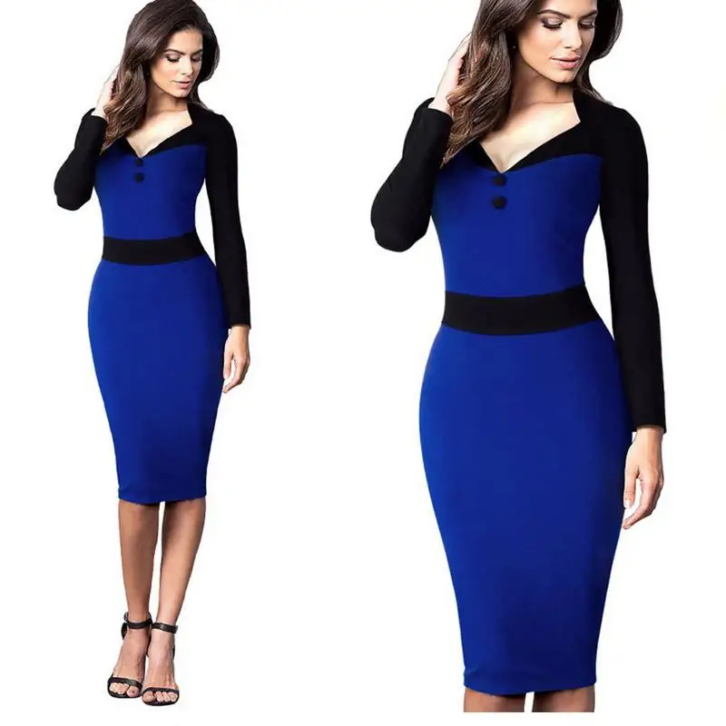 Womens Elegant V-neck waist stitching decorative bow pencil dress Wear to Work Business OL Party Bodycon Stretch Dress Autumn | Женская