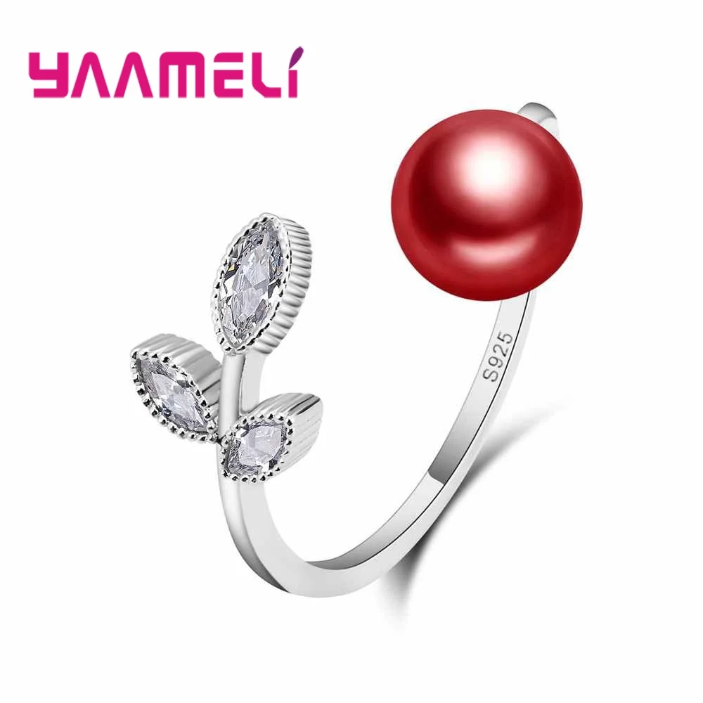 

Brand New Luxury Women 925 Sterling Silver Rings Leaf Shape Adjustable With Red Pearl Beads Female Finger Ring