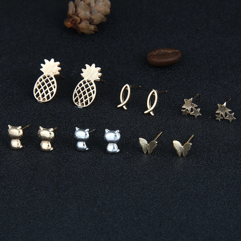 Набор серег гвоздиков из сплава в виде ананаса 6 пар|pineapple stud earrings|stud earringsstud earrings for
