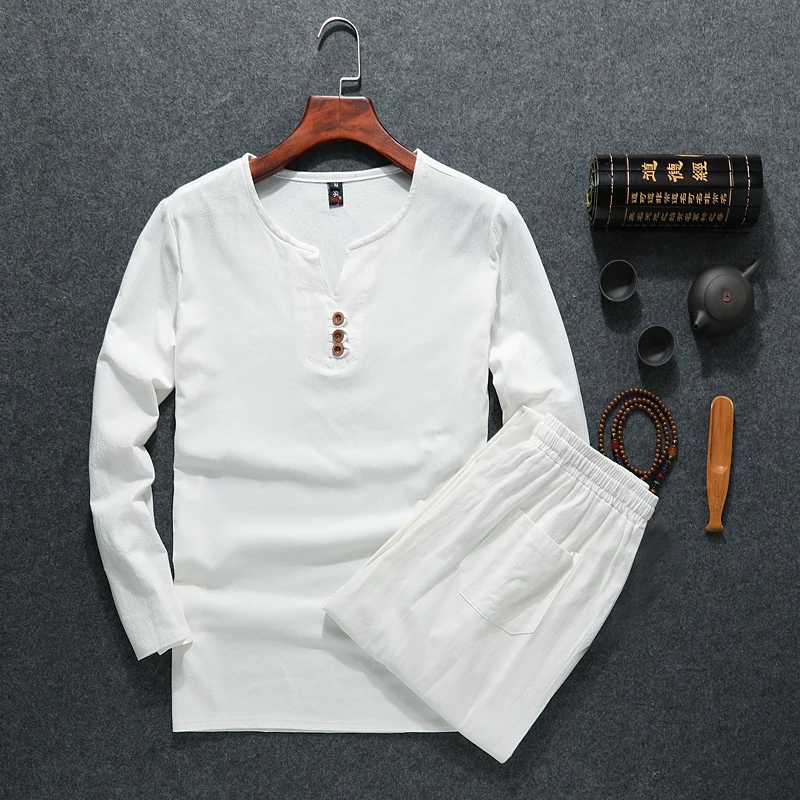 

M-8XL 9XL t shirt long sleeve t shirts casual v-neck loose two-piece suit t shirts sets Big size men women linen t shirt sets